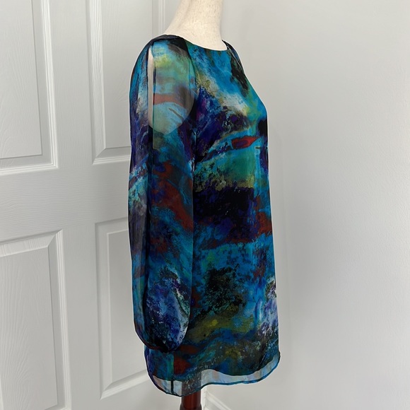 Cache 100% silk cocktail sheath mini dress Sz 4 blue, black, green - Picture 7 of 11